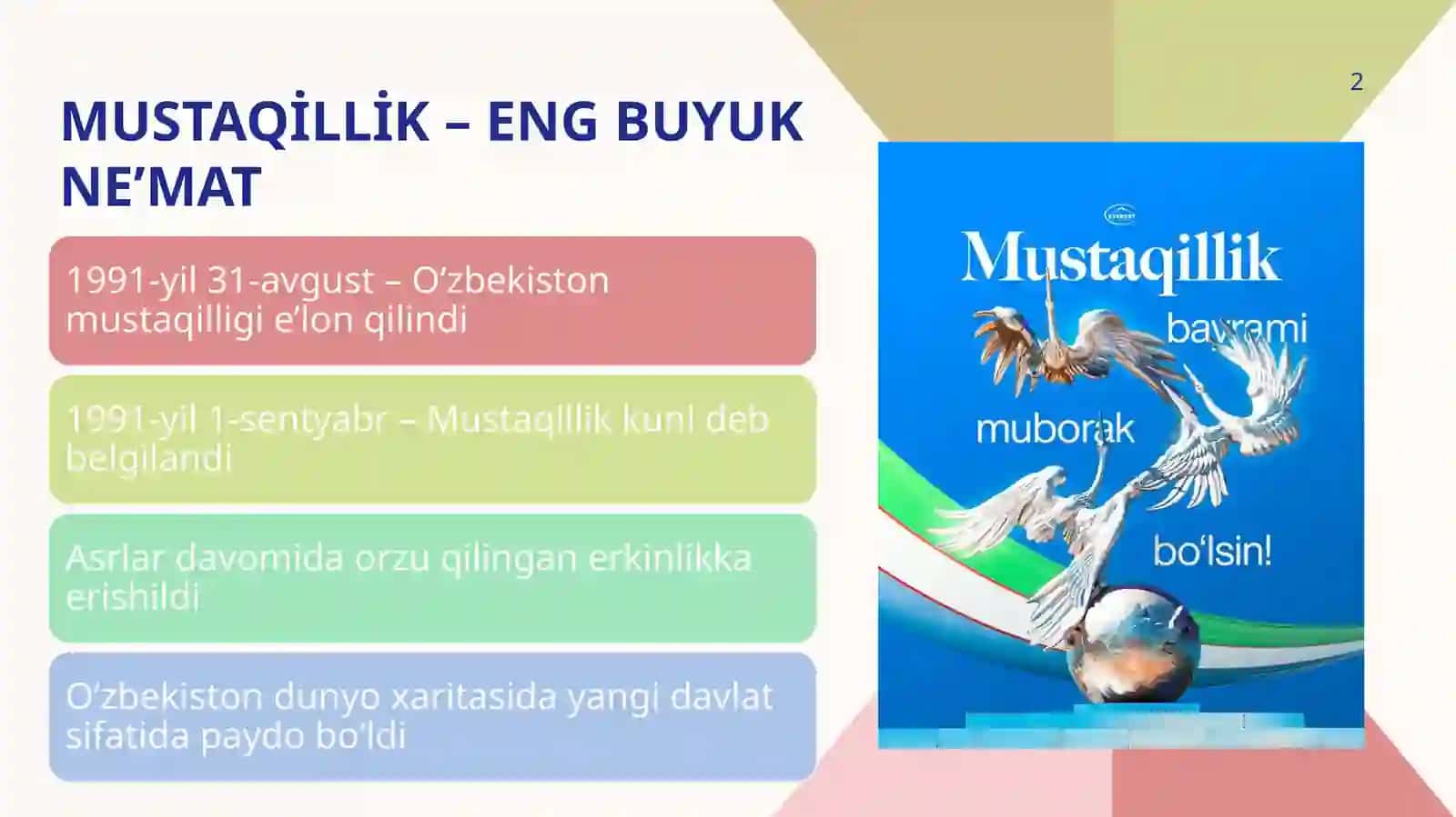 Mustaqil O‘zbekiston Respublikasitashkil topishining tarixiy ahamiyati 2