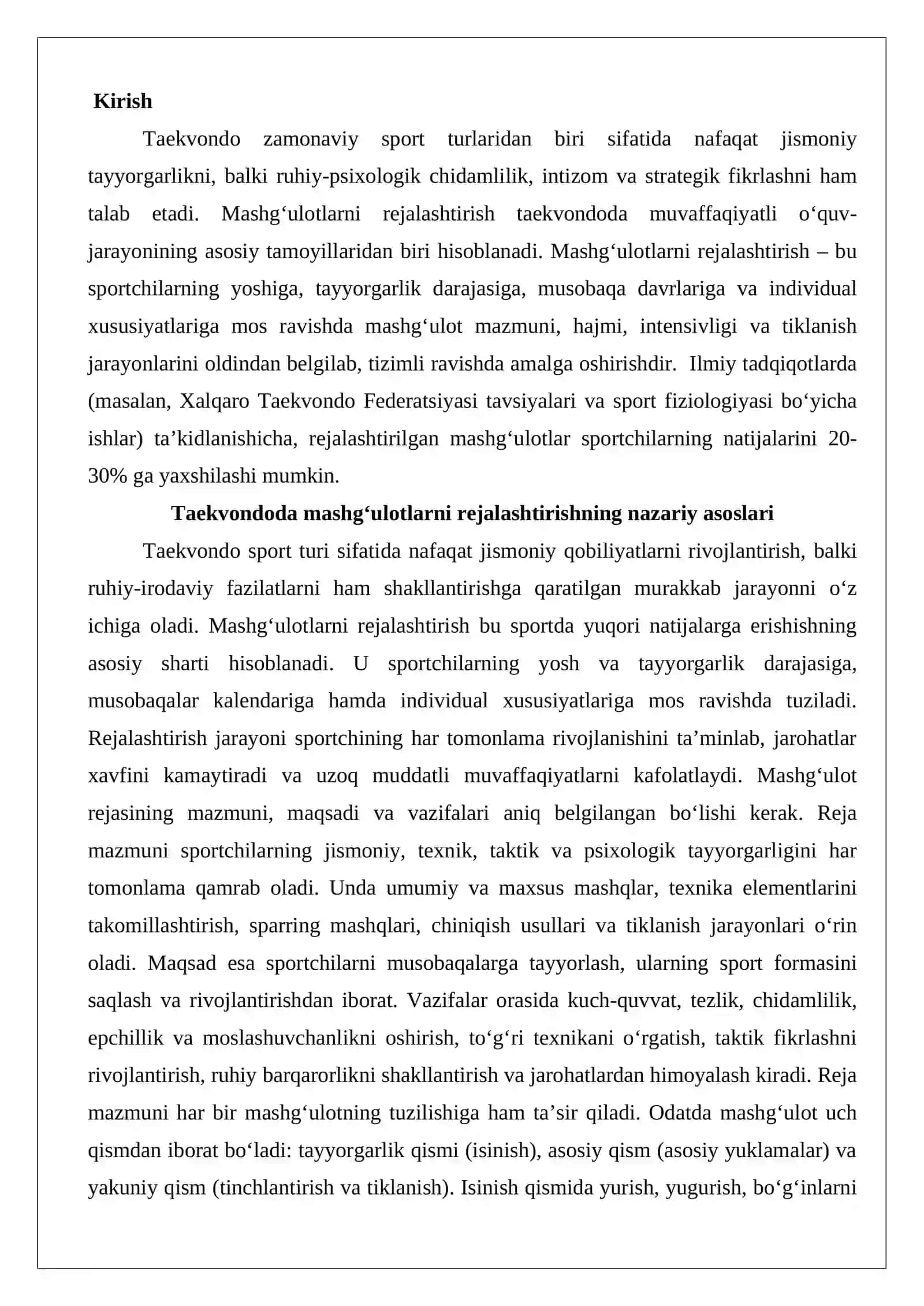 Mashg‘ulotlar rejasi Taekvondo 2