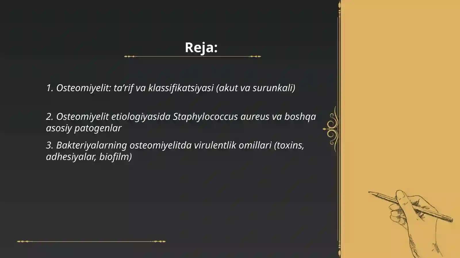 Osteomiyelit va yiringli artrit: etiologiyasi, patogenezi Kaft flegmonasi, panaritsiy etiologiyasi va patogenezi 2