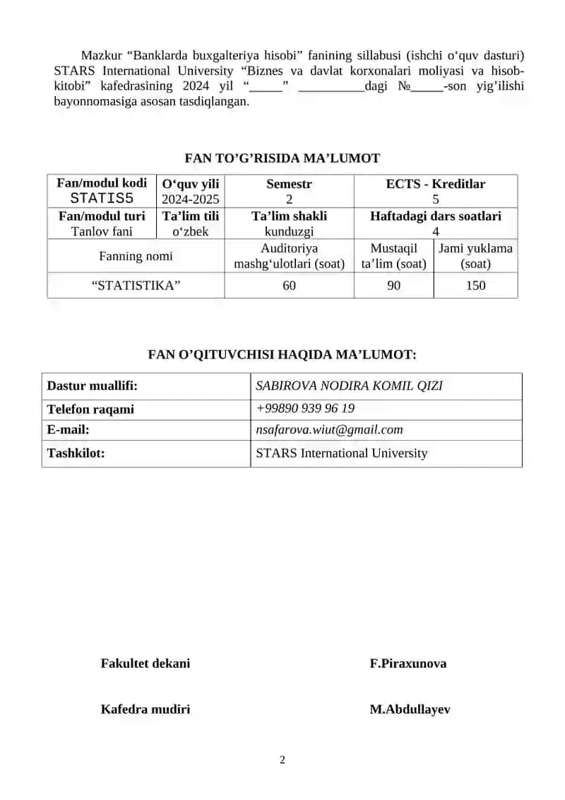 STATISTIKA FANI SILLABUSI 2