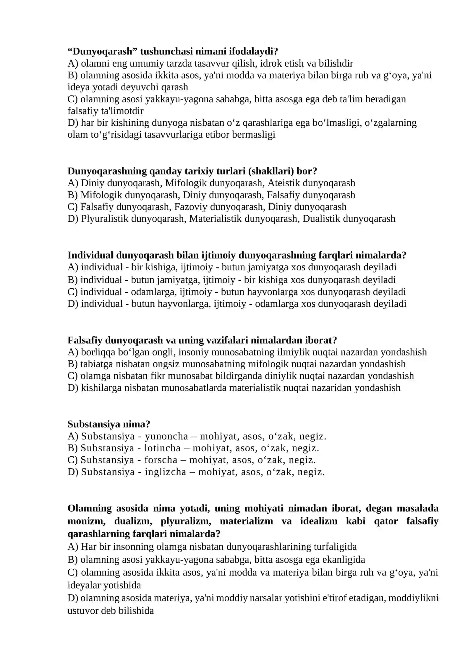 Falsafa fanidan testlar 2