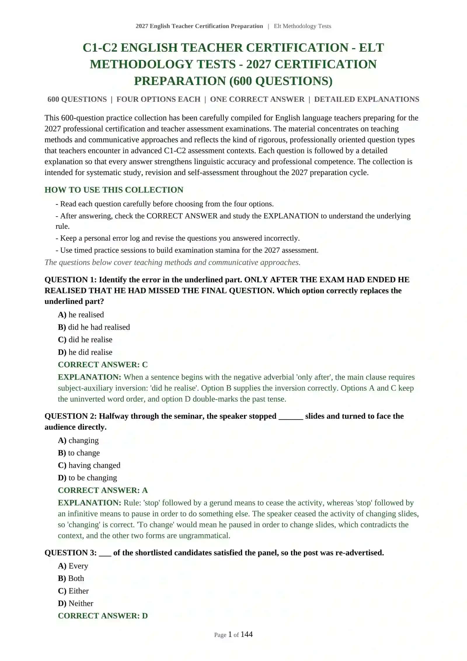 2027 English Teacher Certification Preparation | ELT Methodology Tests 2