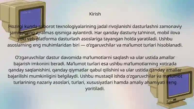 Dasturlashda o’zgaruvchilar va maʼlumot turlari 2