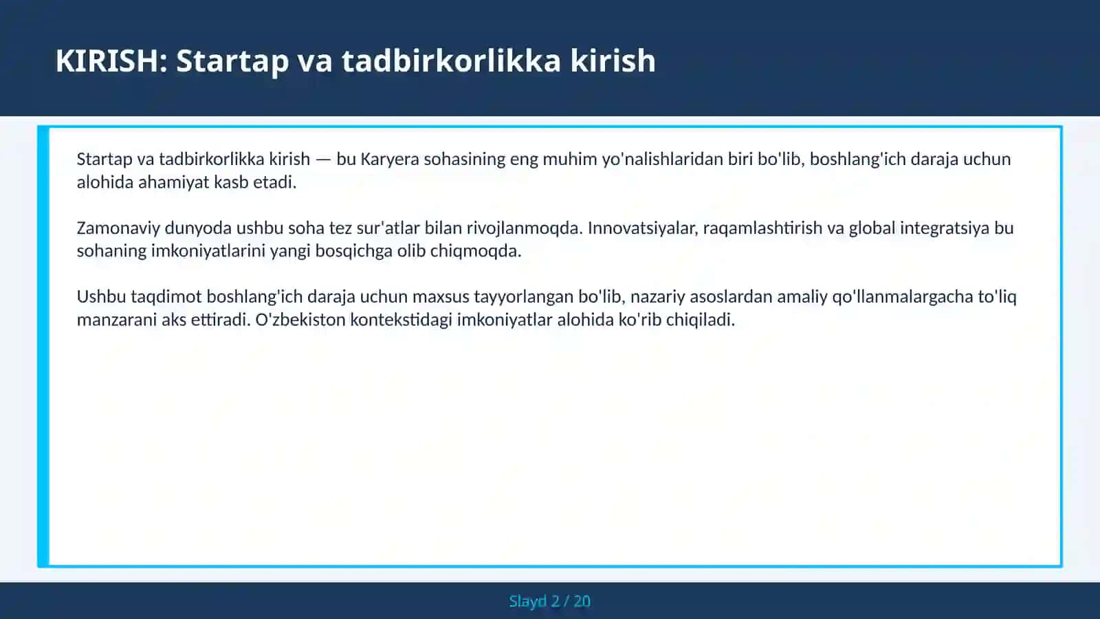 Startap va tadbirkorlikka kirish 2