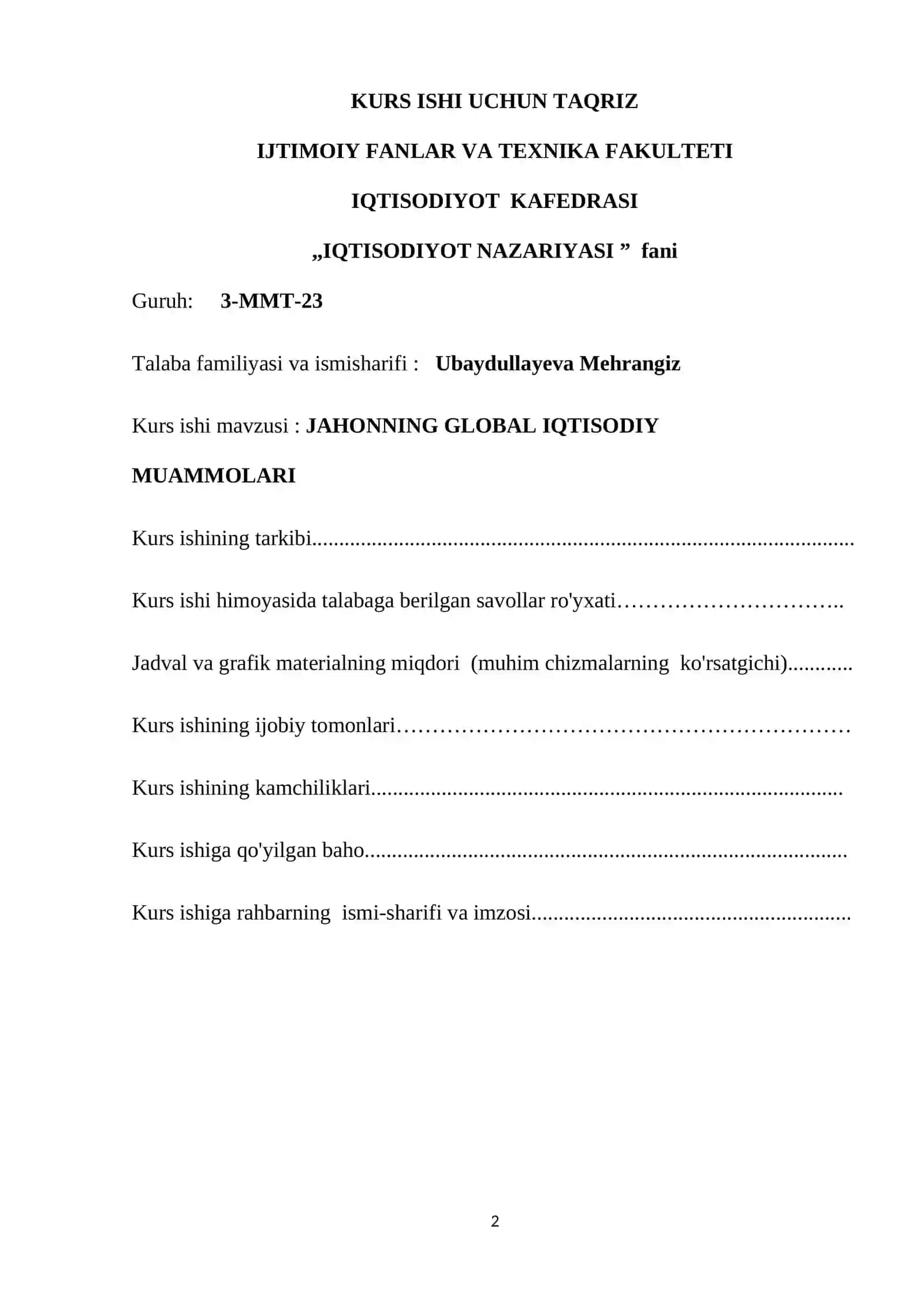 JAHONNING GLOBAL IQTISODIY MUAMMOLARI 2