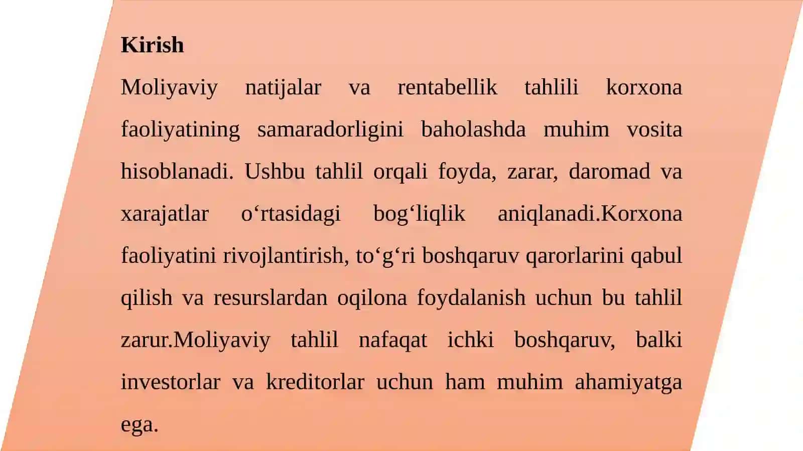 Moliyaviy natijalar va rentabellik tahlili. 2