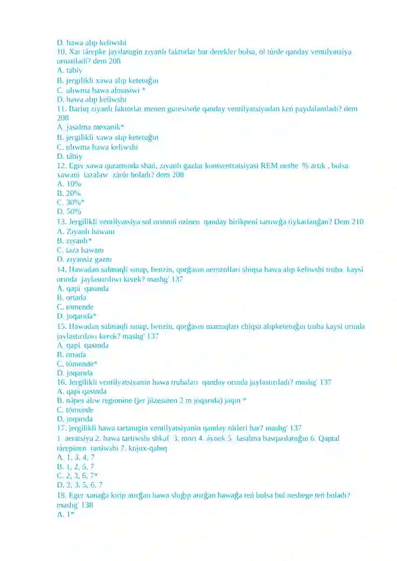 Ventilyatsiya bo'yicha test savollari 2