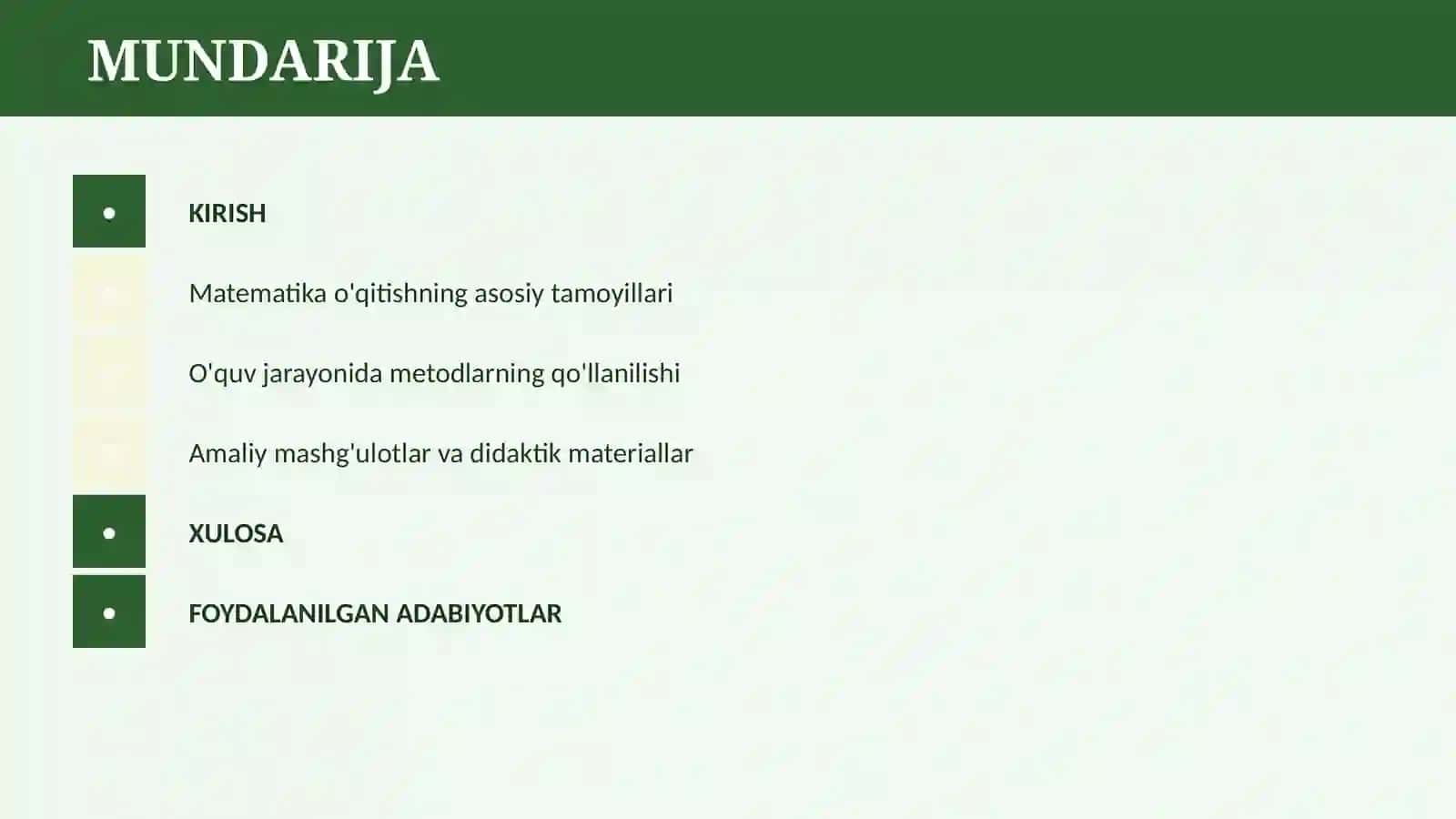 BOSHLANG`ICH SINFDA MATEMATIKA O`QITISH METODIKASINING MAZMUNI 2