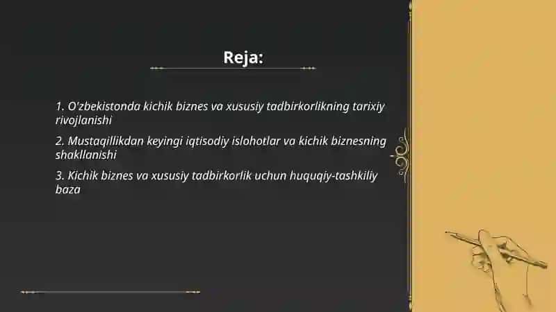 O'zbekistonda kichik biznes va xususiy tadbirkorlikning shakllantirilishi va Uning o'ziga xosligi 2