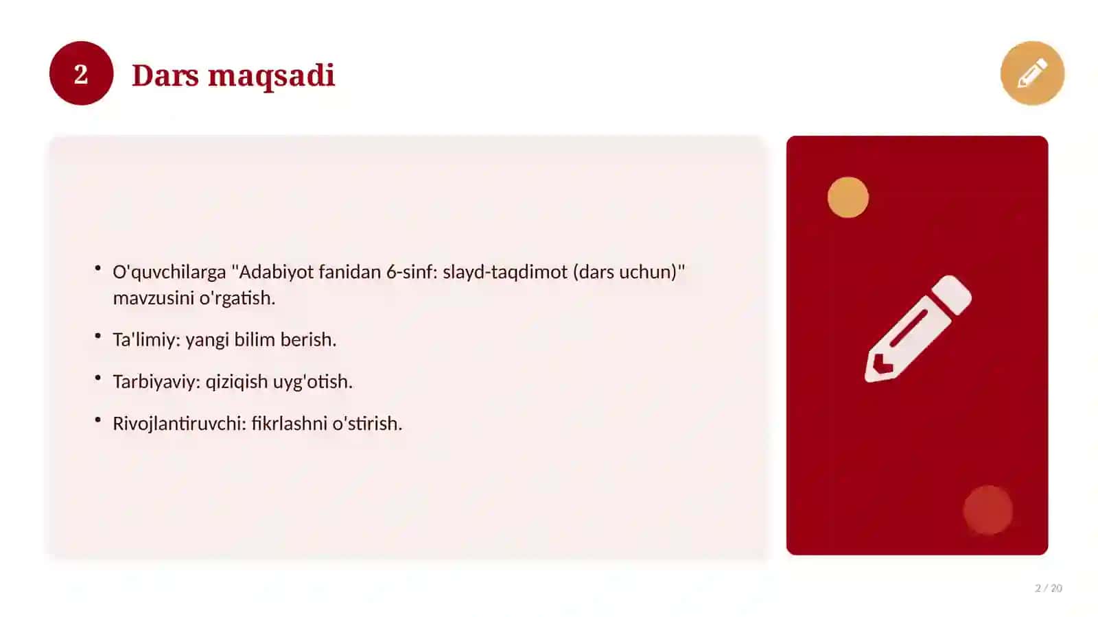 Adabiyot fanidan 6-sinf: slayd-taqdimot (dars uchun) 2