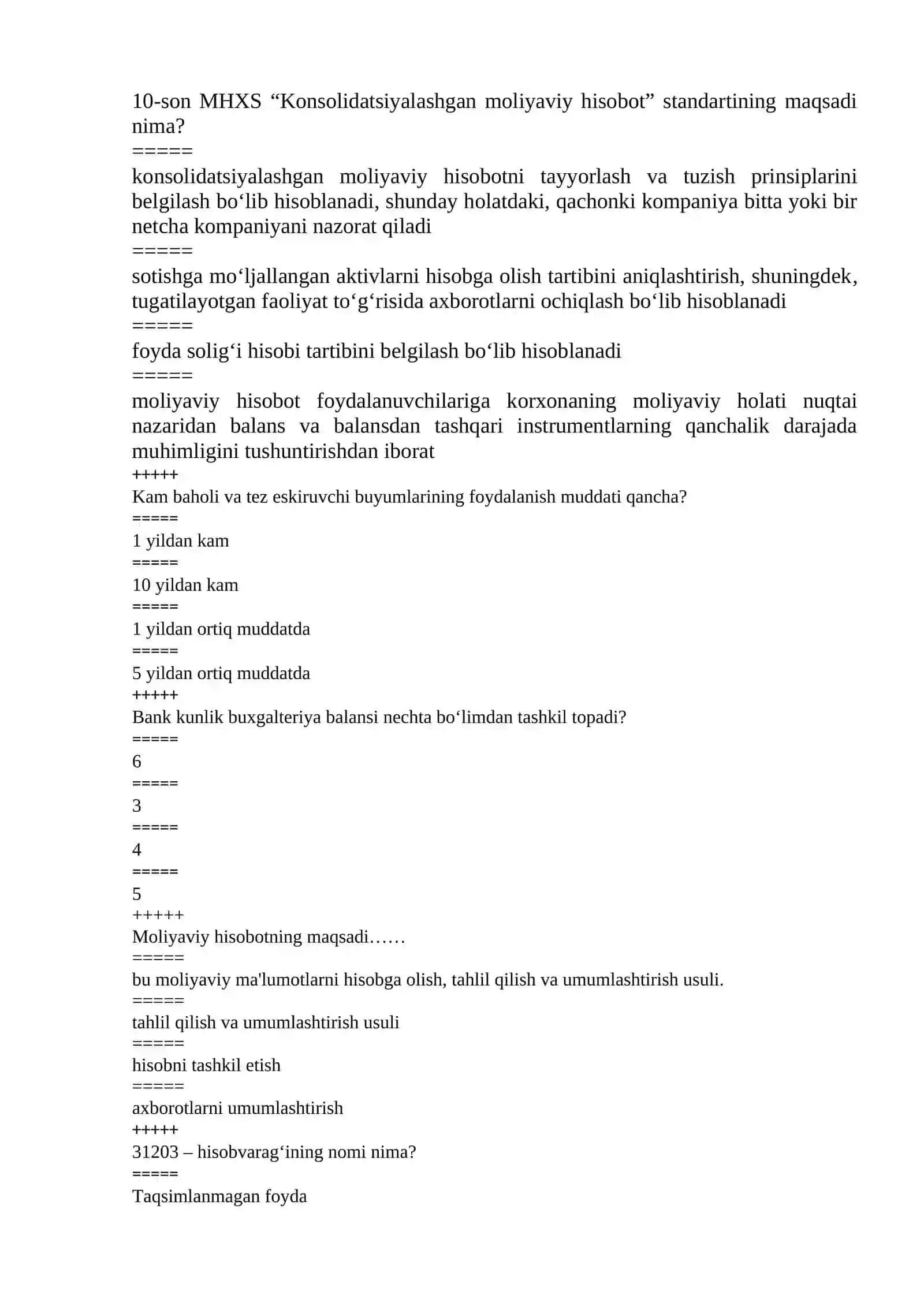 Banklarda buxgalteriya hisobi Test yakuniy 2