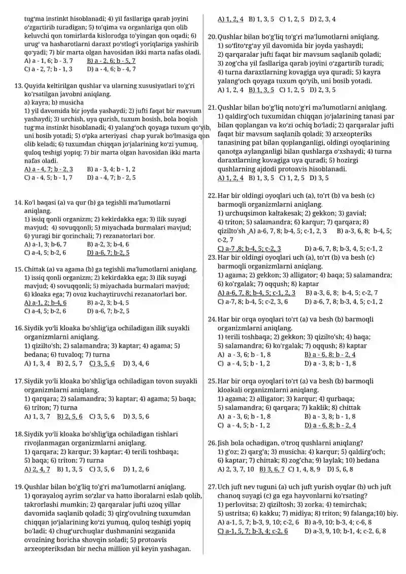 Qushlar va sutemizuvchilar test javobli 2