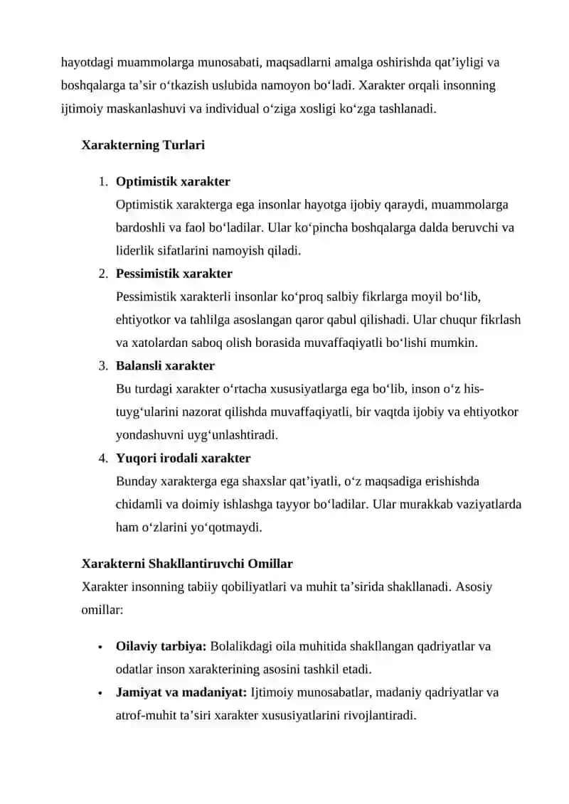 Xarakter shaxsning uning hayotdagi rolini belgilovchi asosiy xususiyat 2