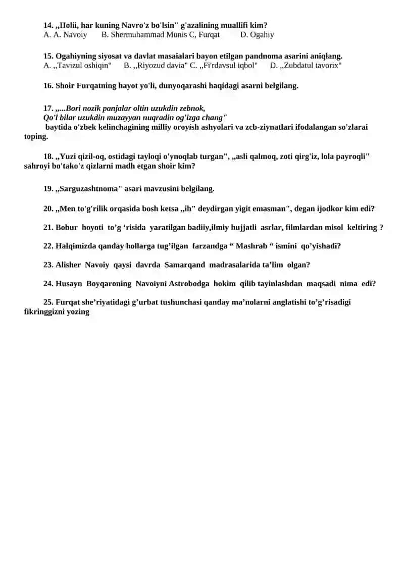 Adabiyot fanidan 9 – sinf uchun test 2