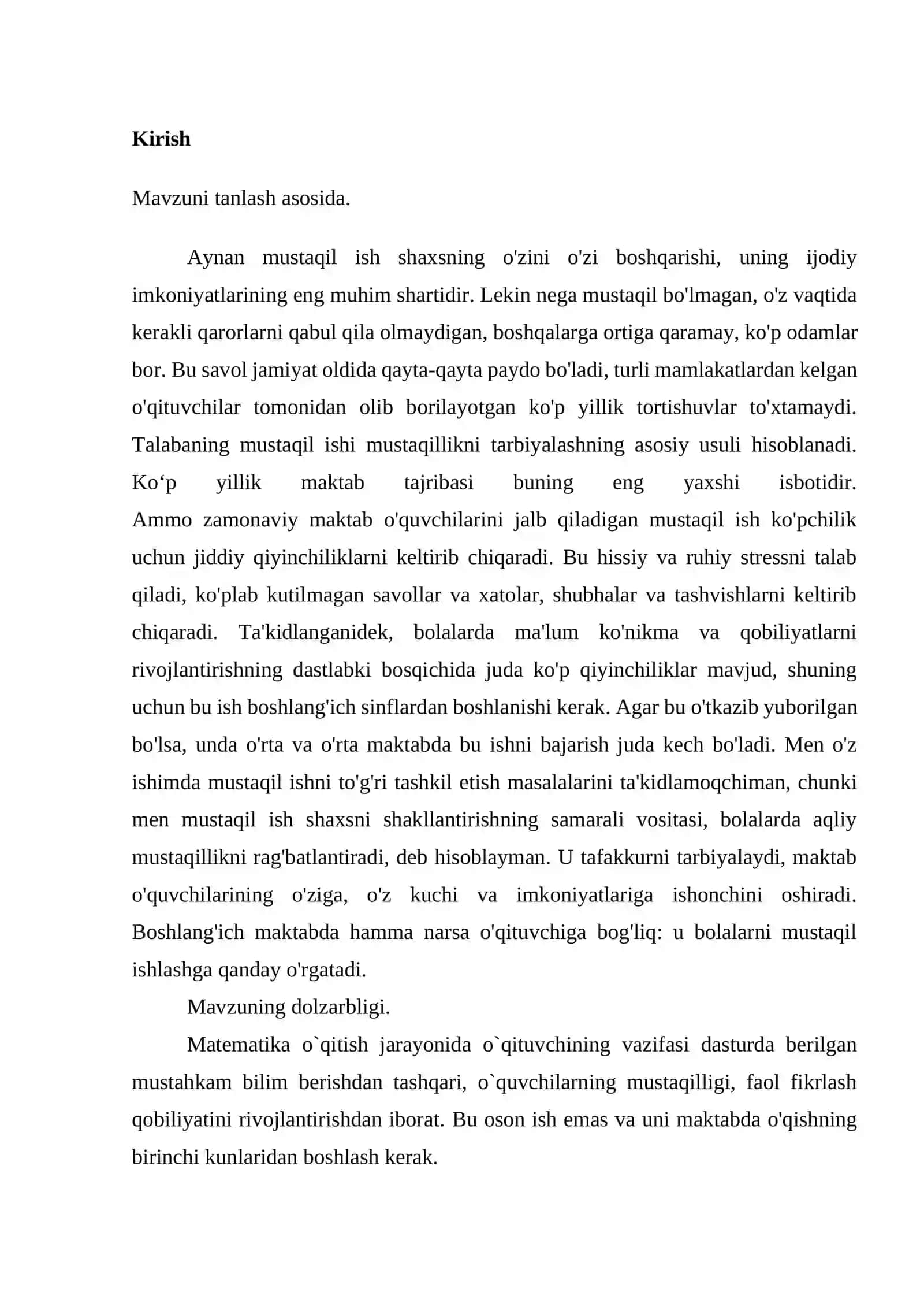Boshlang`ich sinflarda matematika darslarida mustaqil ish 2