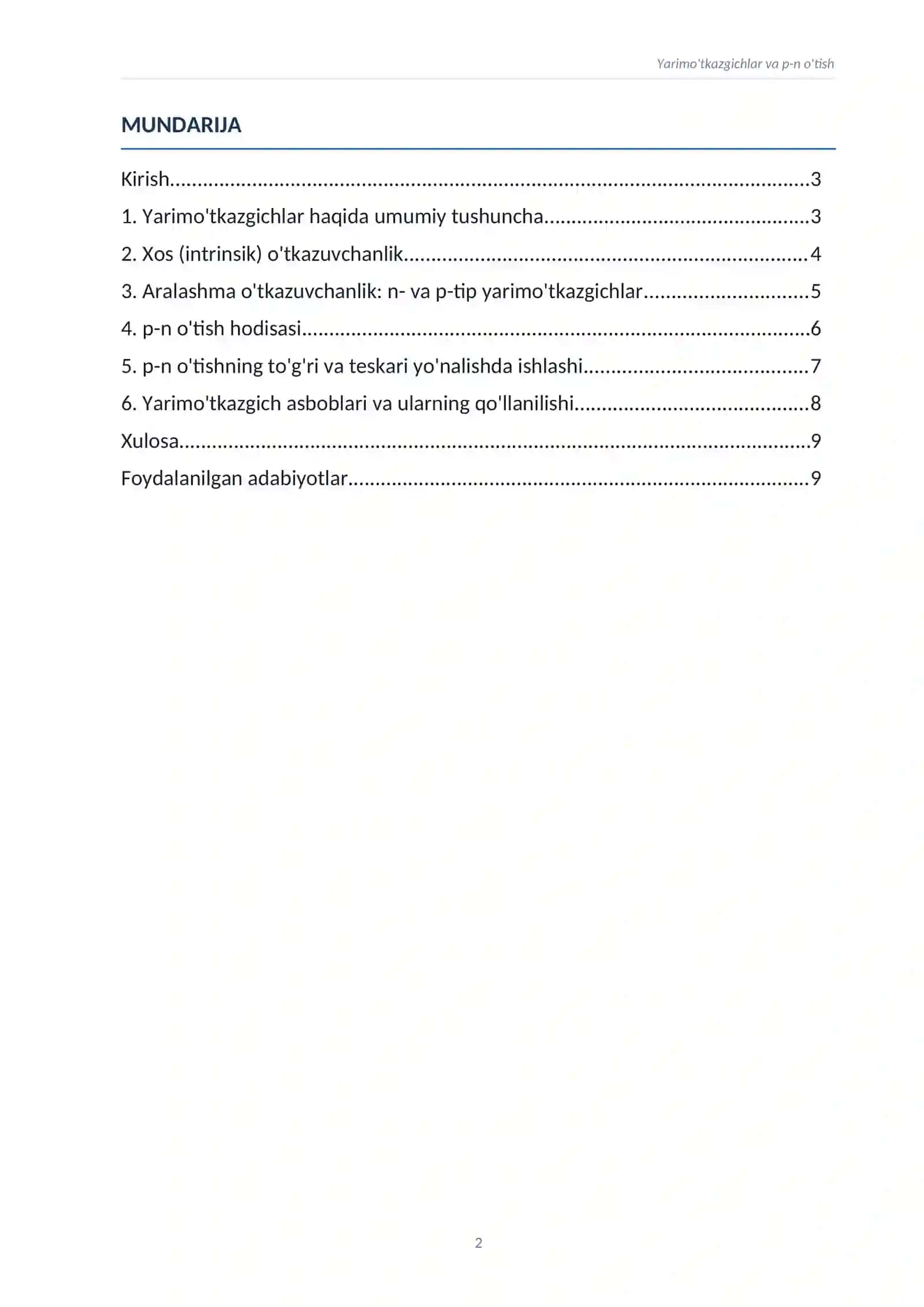 REFERAT. Mavzu: Yarimo'tkazgichlar va p-n o'tish 2