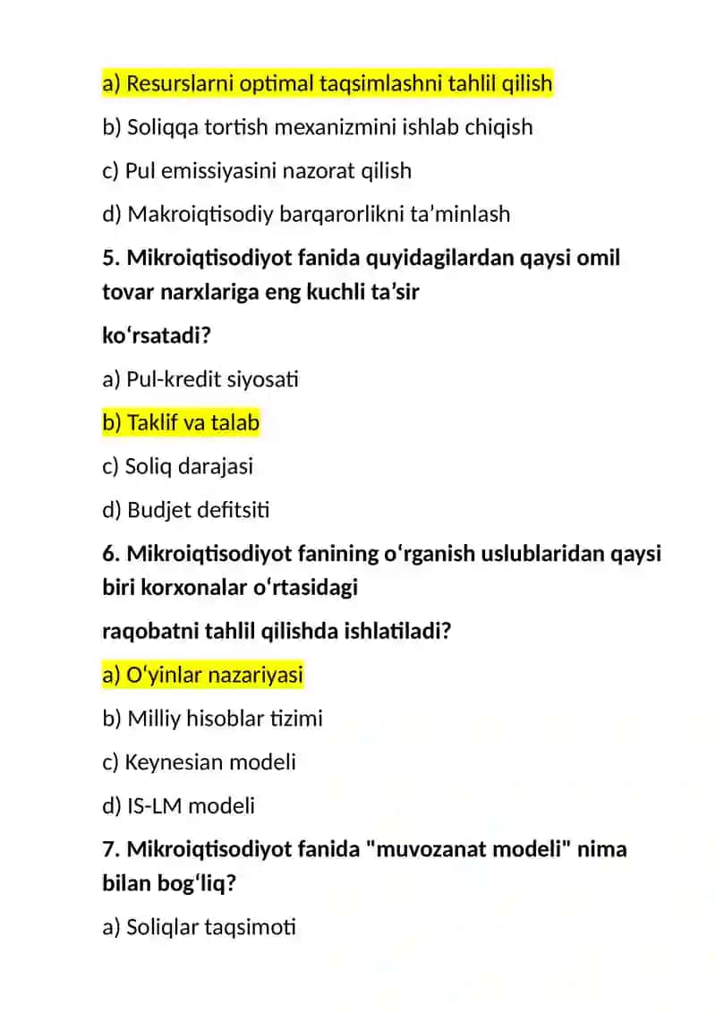 Mikroiqtisodiyot Fanidan Test Savollari 2