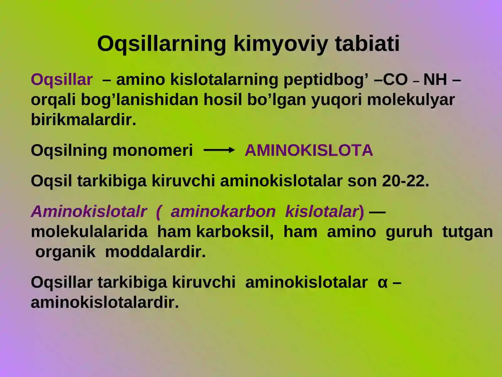 Oqsillar - aminokislotalar, tuzilishi, klassifikasiyasi, xossalari. 2