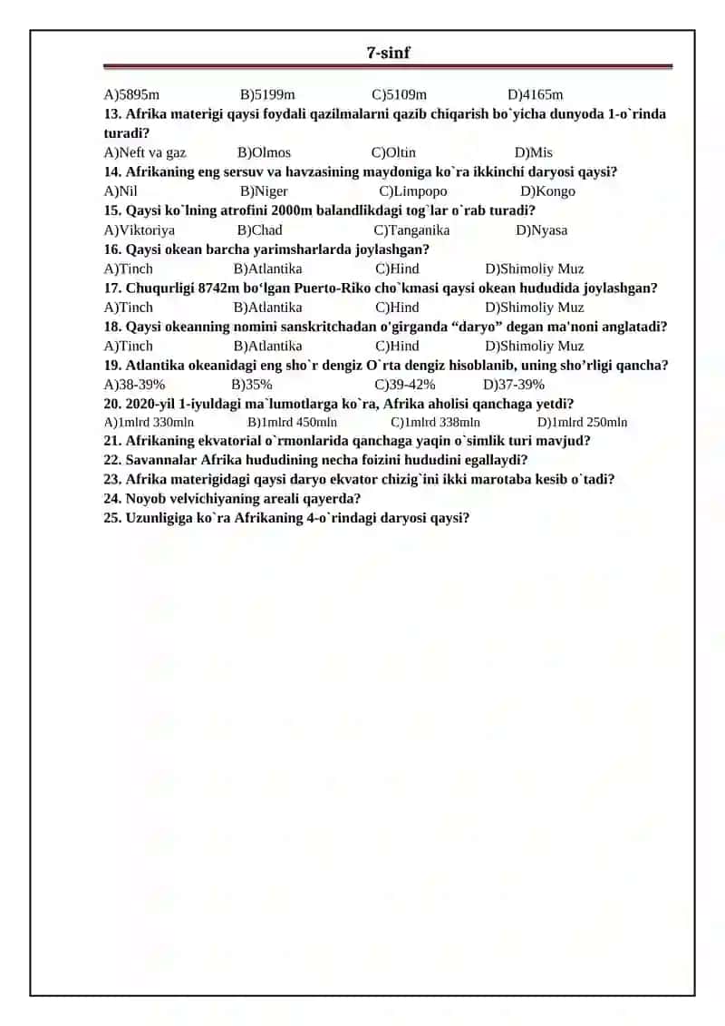 7-sinf yangi darslik bo`yicha variantli test. 2