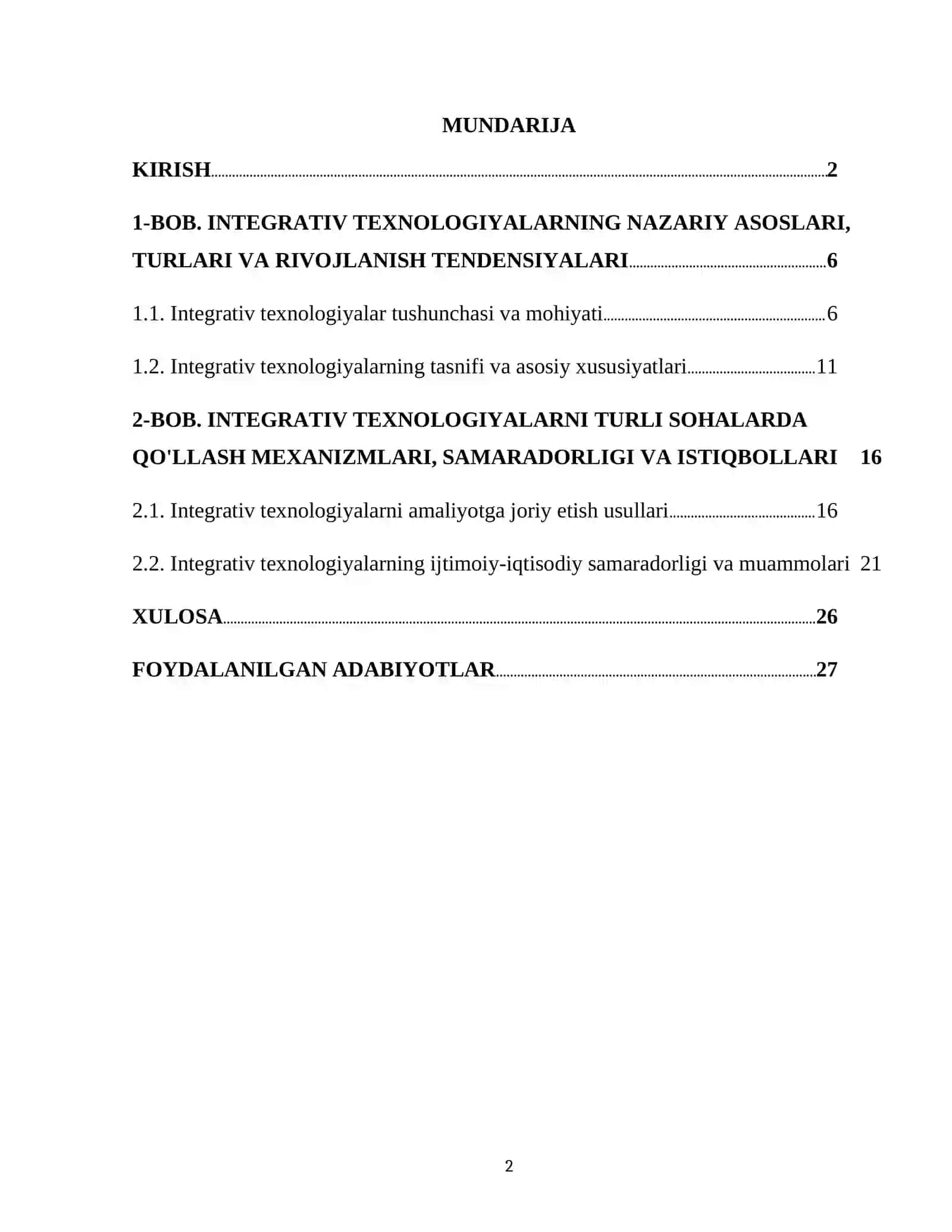 KURS ISHI "INTEGRATIV TEXNOLOGIYALAR VA ULARDAN FOYDALANISH" 2
