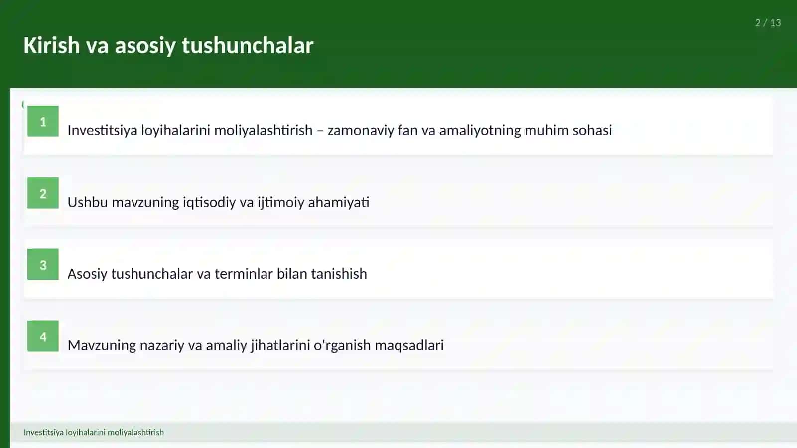 Investitsiya loyihalarini moliyalashtirish 2