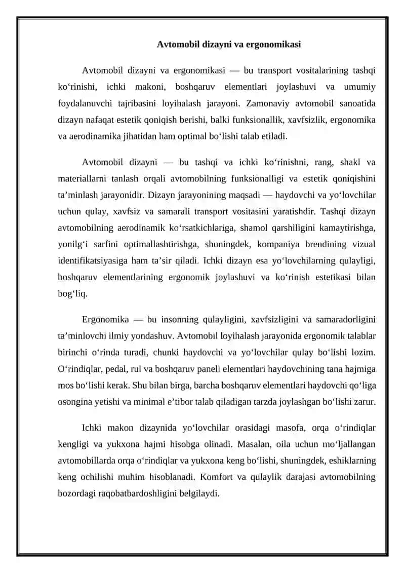 Avtomobillarni loyihalash asoslari 2
