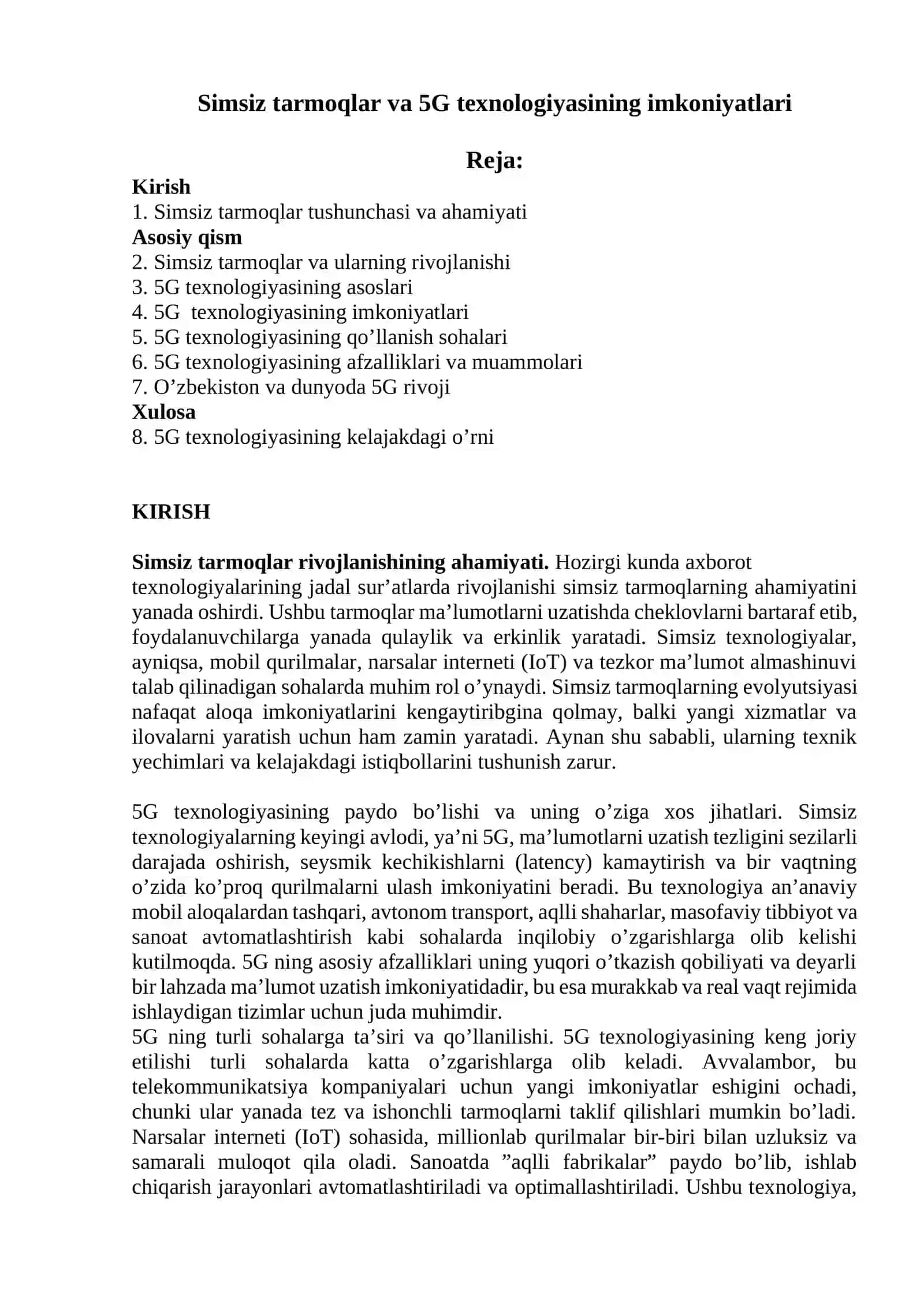 Mavzu:“Simsiz tarmoqlar va 5G texnologiyasining imkoniyatlari 2