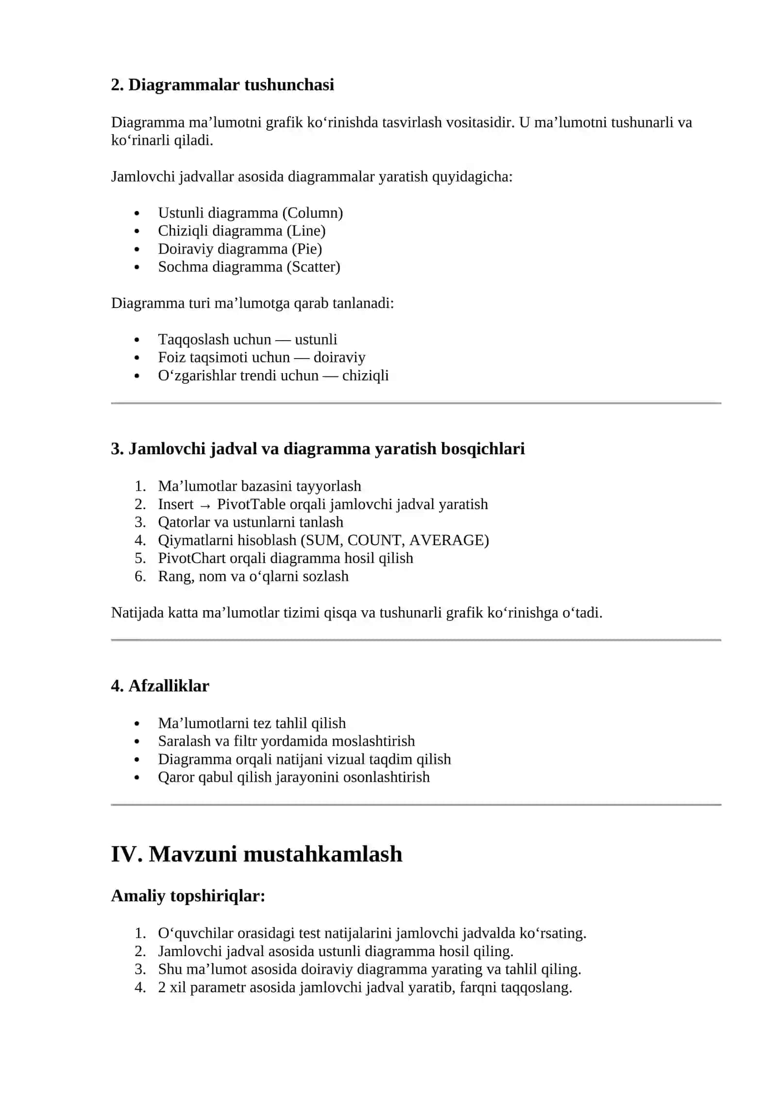 Jamlovchi jadvallar va diagrammalar 2