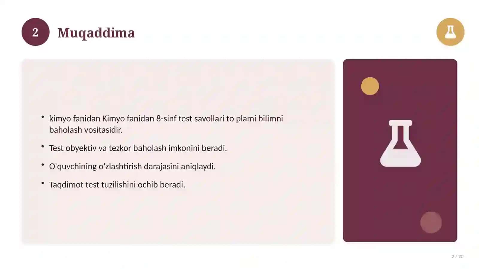 Kimyo fanidan 8-sinf test savollari to'plami 2