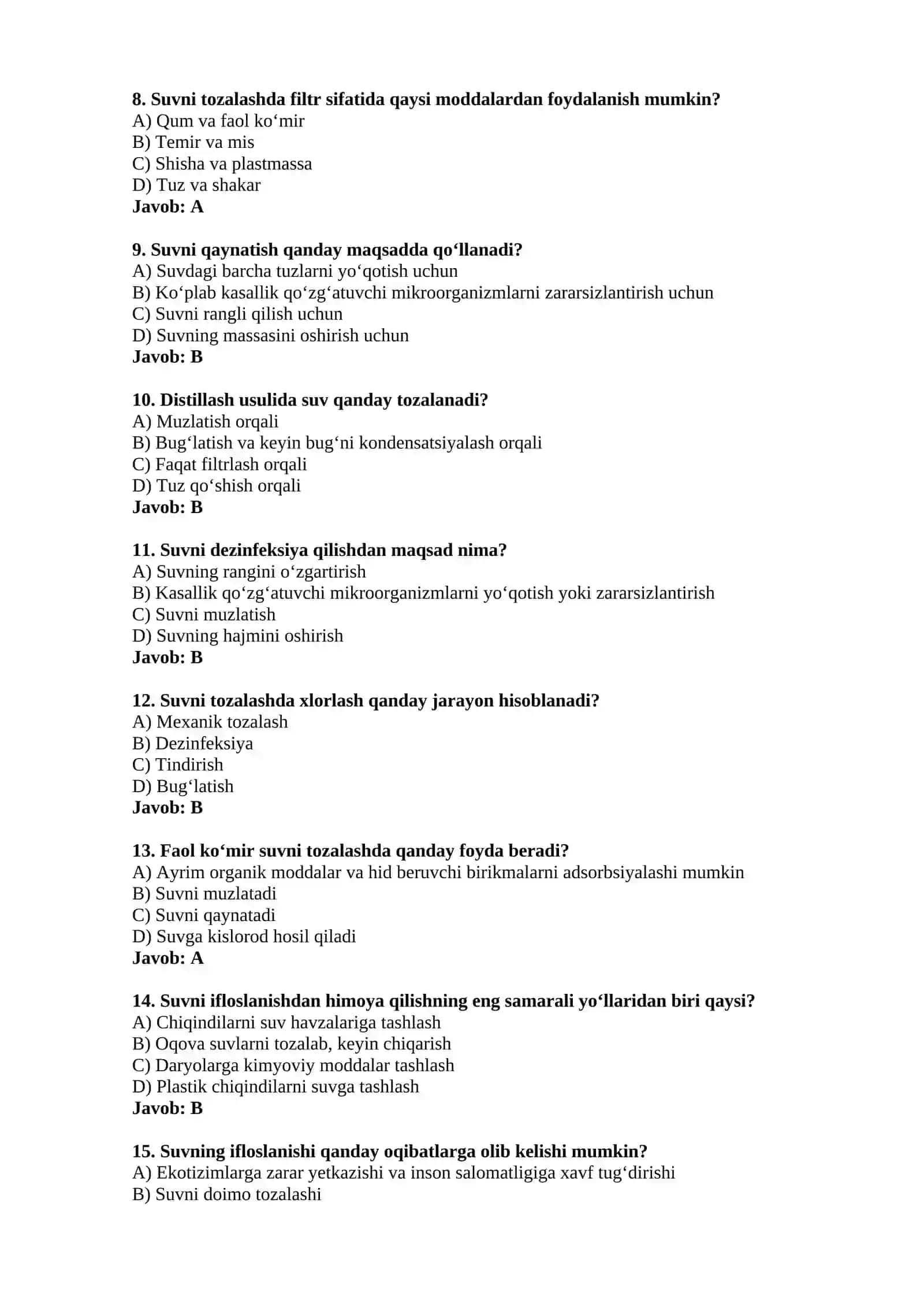 Suvning ifloslanishi va uni tozalash usullari — 15 ta test 2
