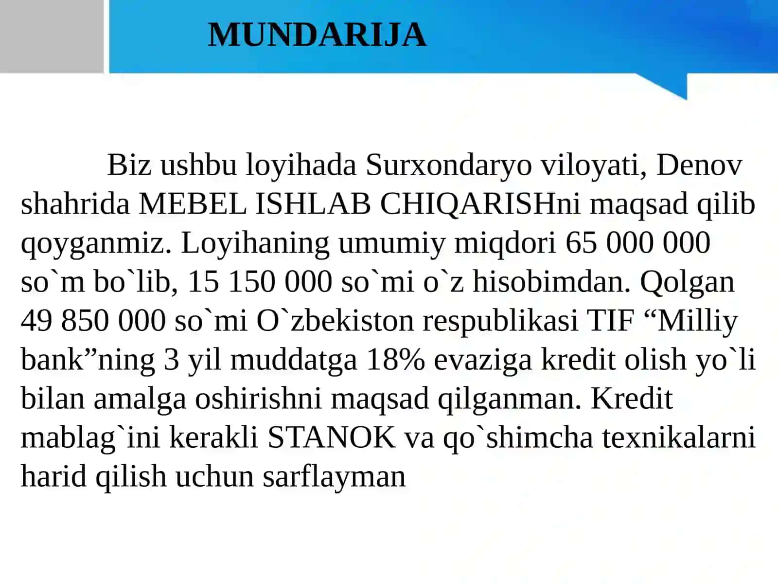 BIZNES REJA Mebel ishlab chiqarish 2