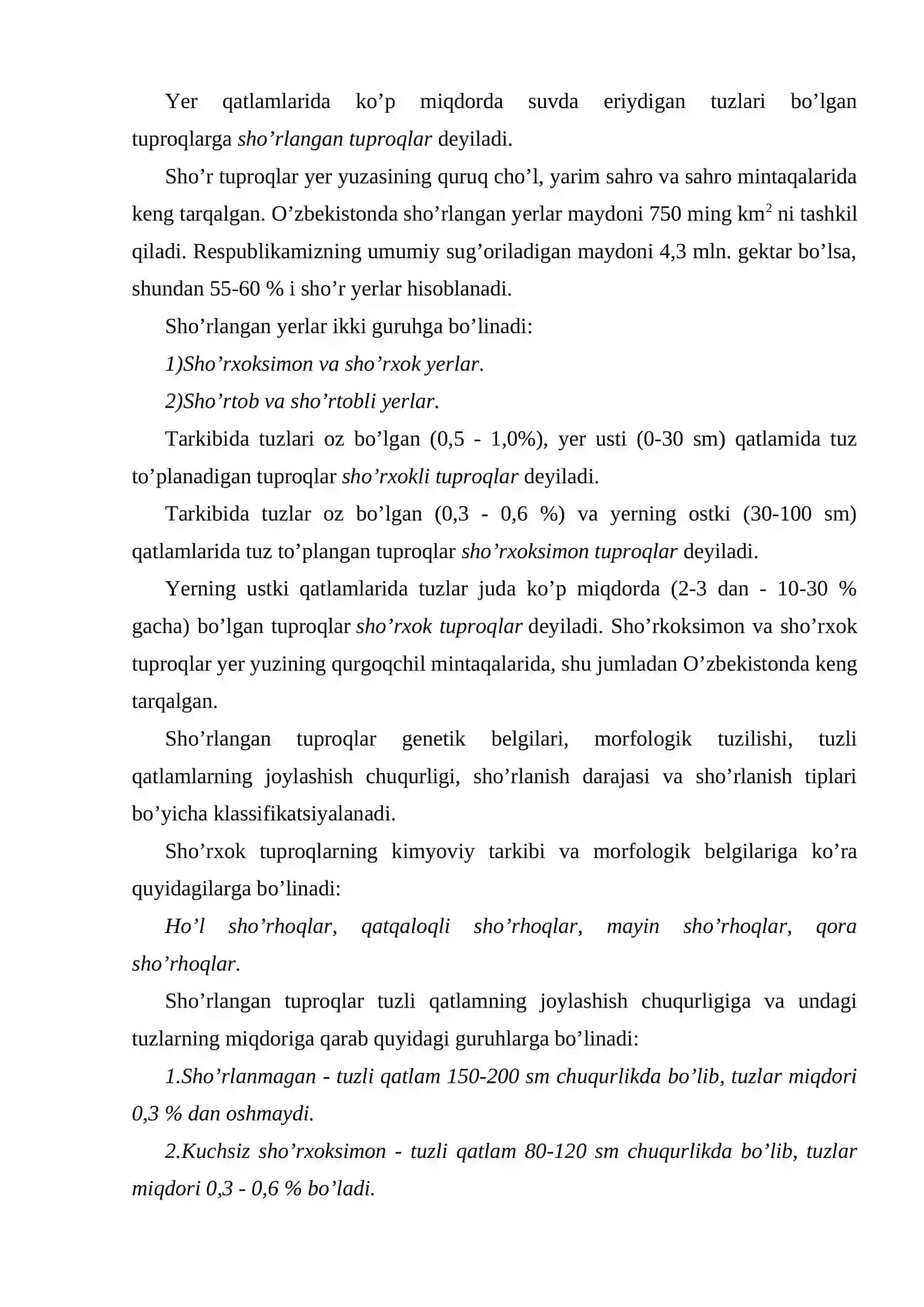 Sho’r tuproqlar, ularninng turlari 2