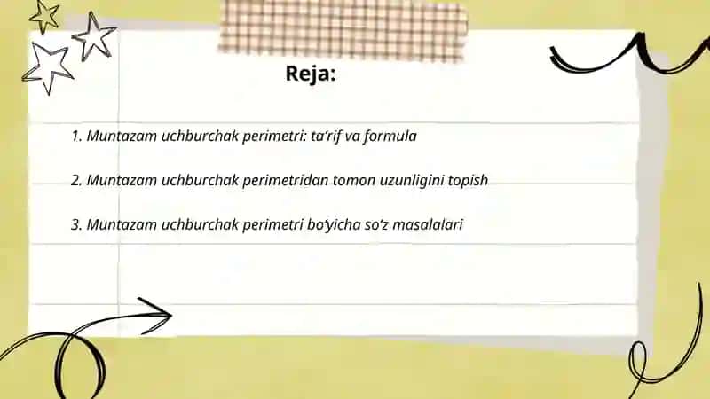 Muntazam uchburchak, tortburchak, to'g'rito'rtburchak perimetri 2