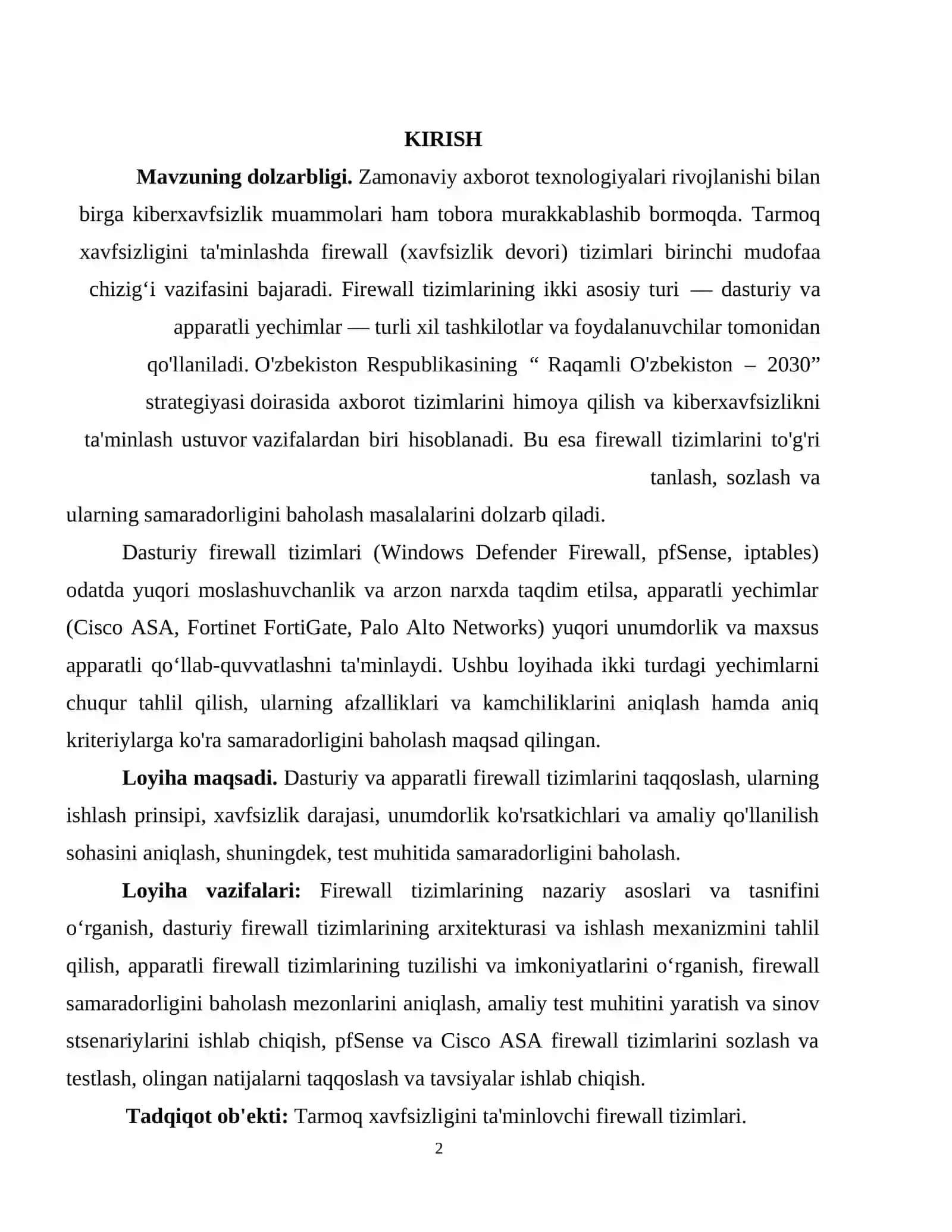 DASTURIY VA APPARATLI FIREWALL TIZIMLARINI TAHLIL QILISH VA SAMARADORLIGINI BAHOLASH 2