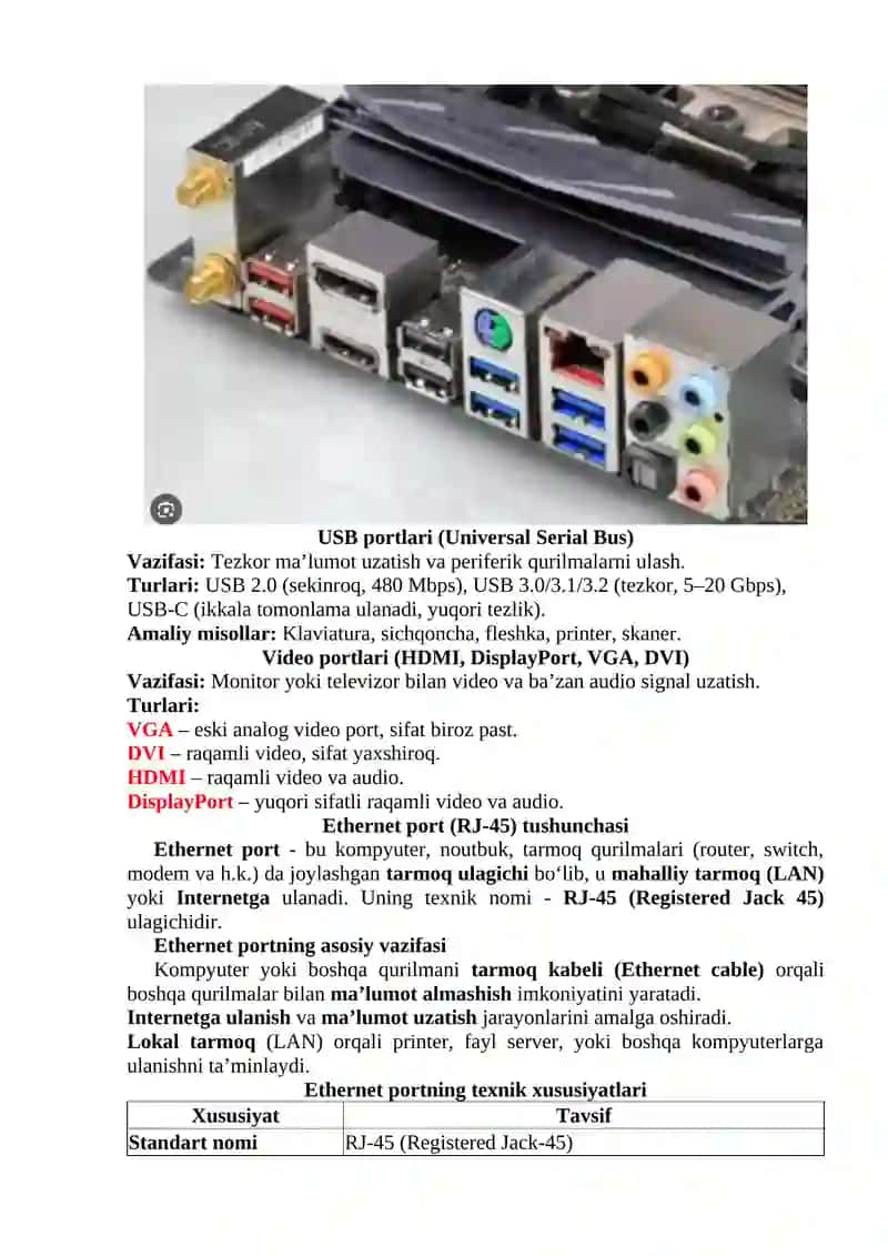 Anakart (Motherboard) da joylashgan PORTlar 2