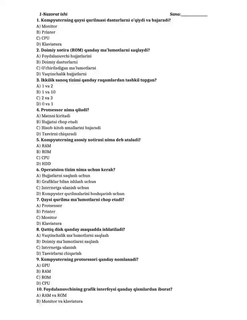 9-sinf informatika test yillik 2