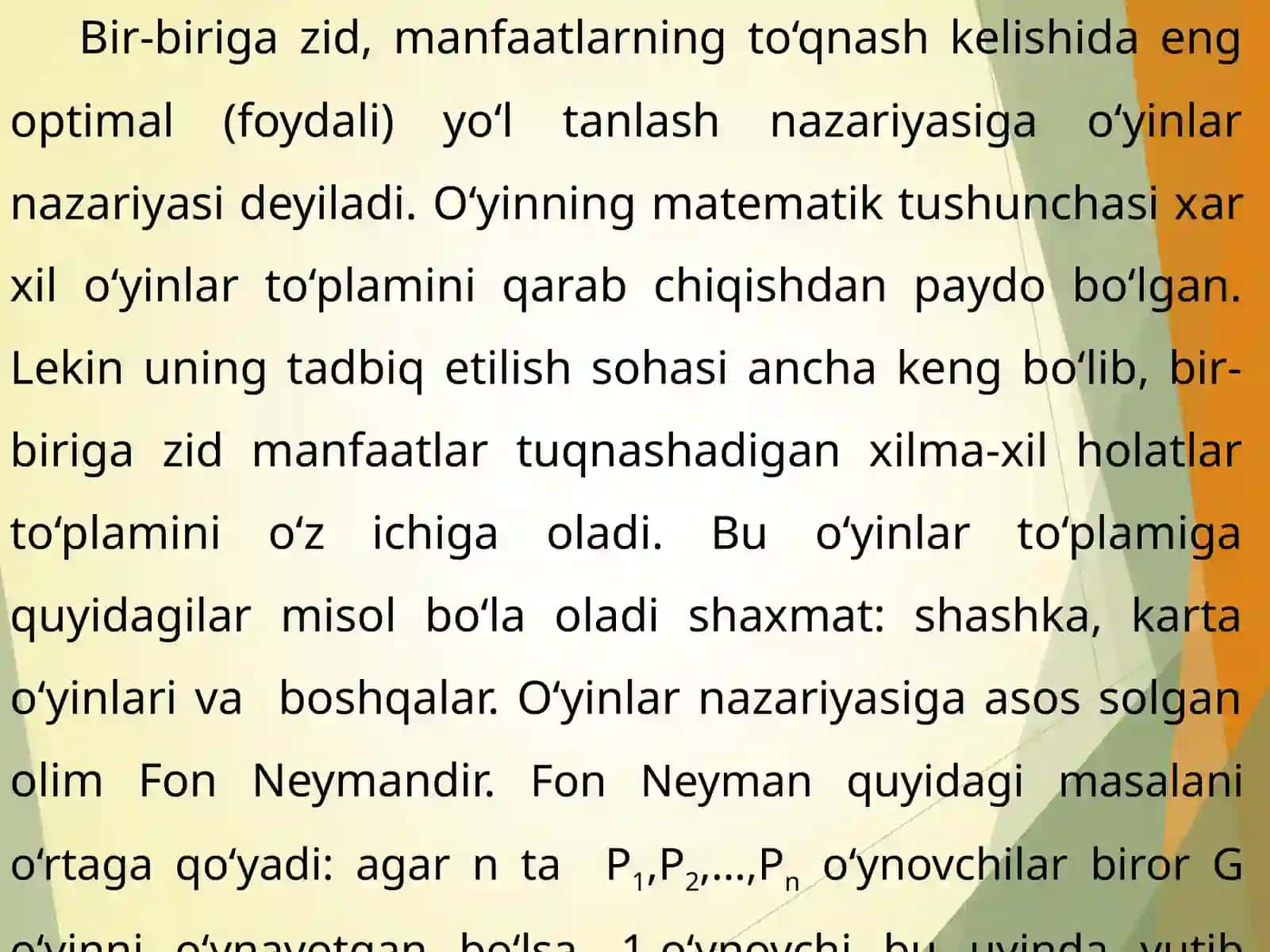 O‘YINLAR NAZARIYASI ELEMENTLARI. MATRITSALI O‘YINLAR 2