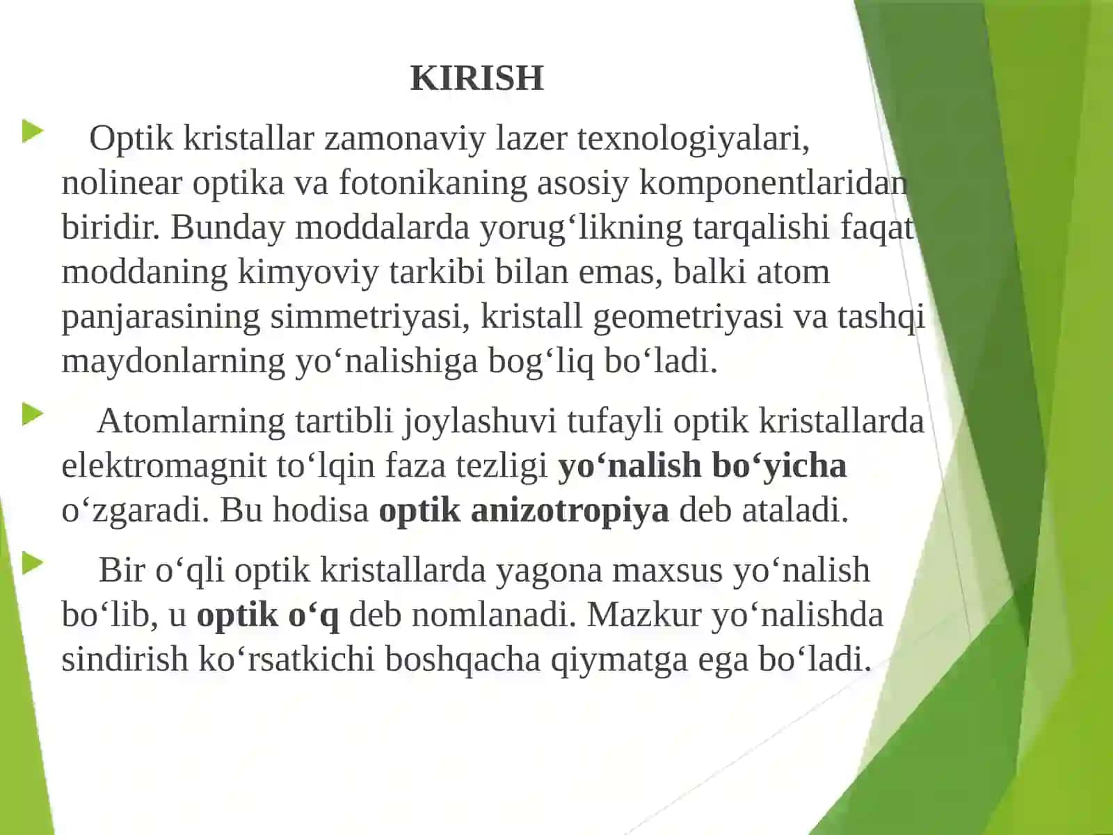 Taqdimot. Lazer fizikasida bir oʻqli optik kristallarda sindirish koʻrsatkichi indikatrisasi 2
