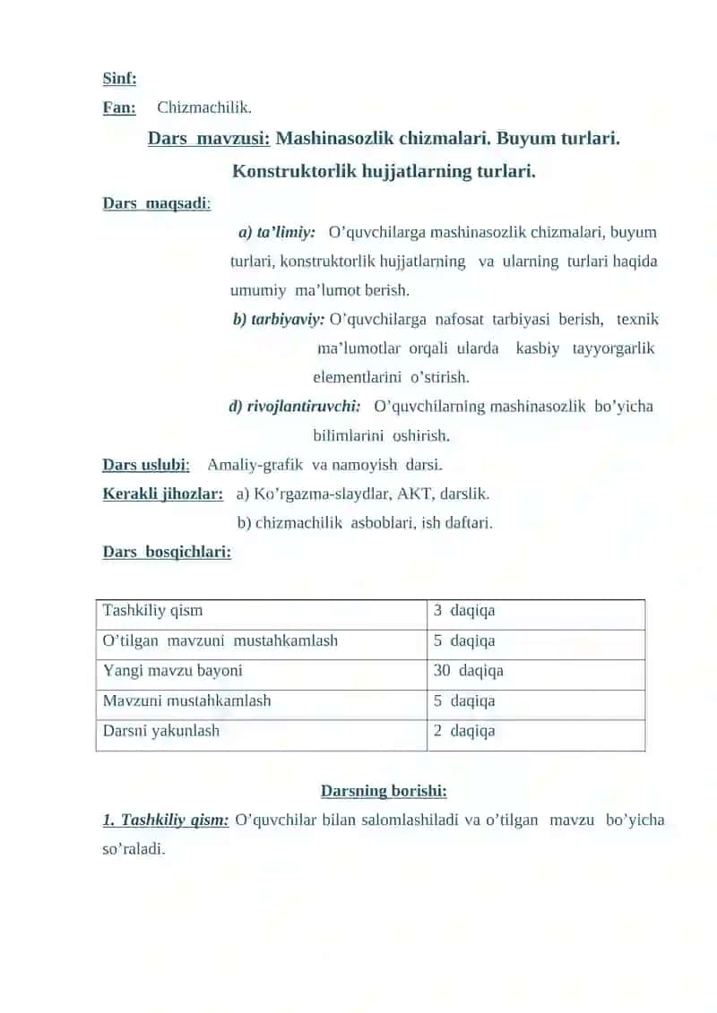 Mashinasozlik chizmalari. Buyum turlari. 2