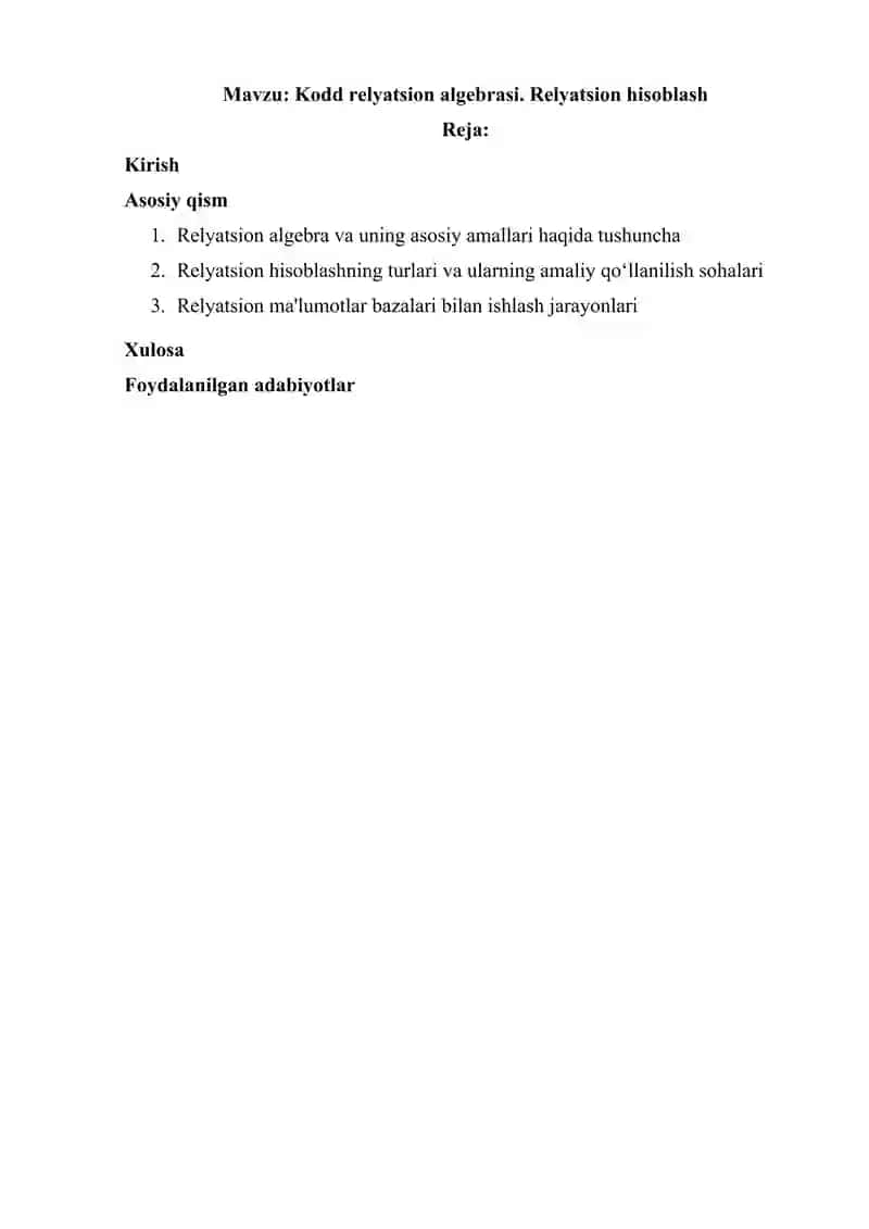 Kodd relyatsion algebrasi. Relyatsion hisoblash 2