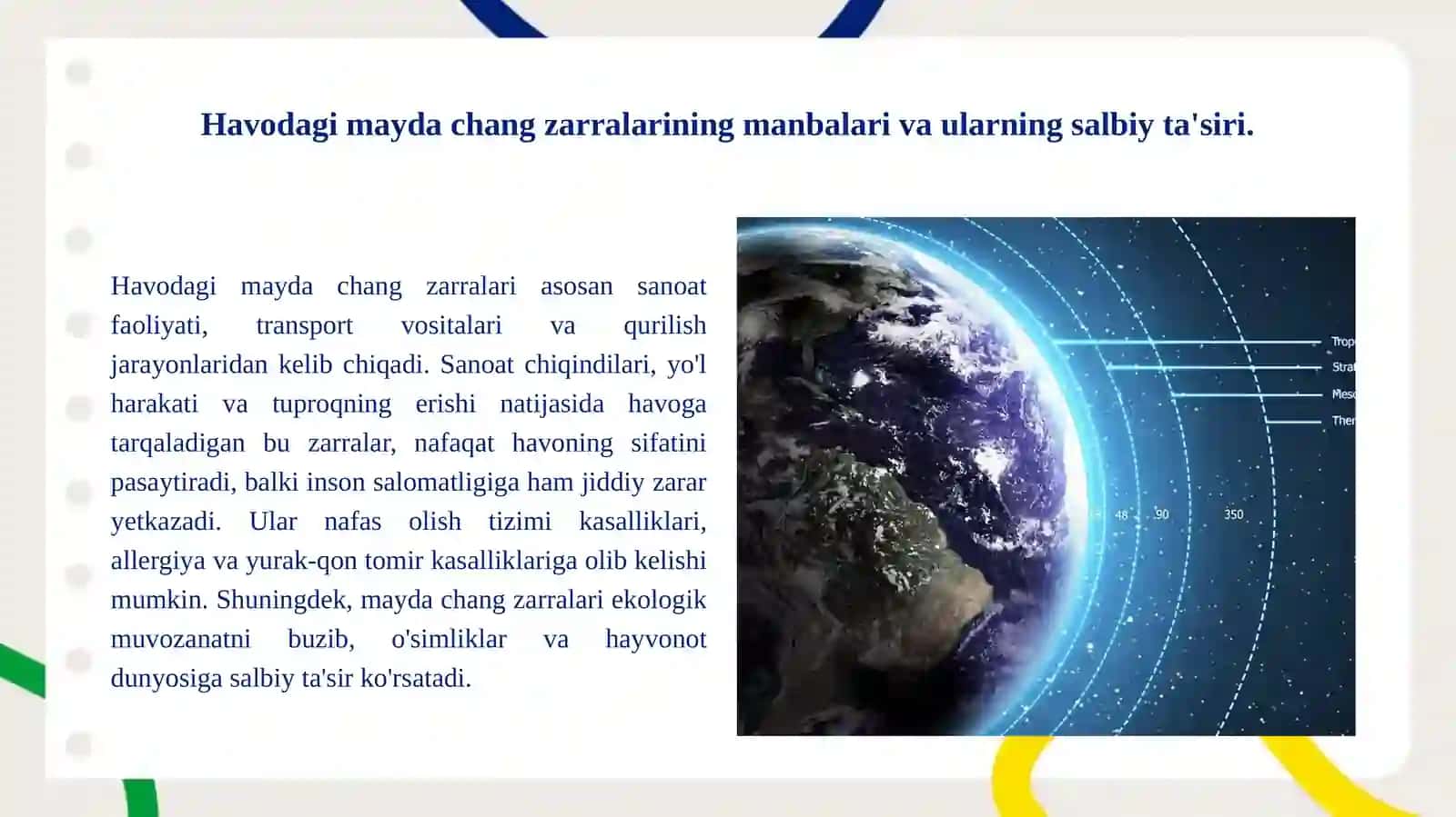 Atmosfera havosini mayda chang zarralaridan tozalash. 2
