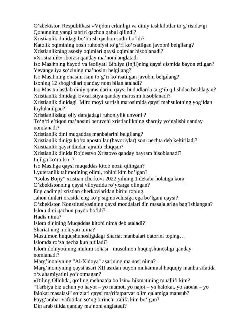 Dinshunoslik fanidan yakuniy nazorat savolnomasi 2