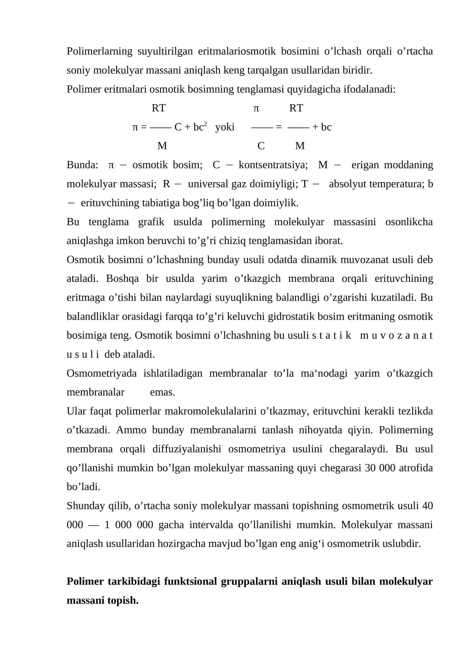 Molekulyar massani eritmaning osmotik bosimi orqali aniqlash 2