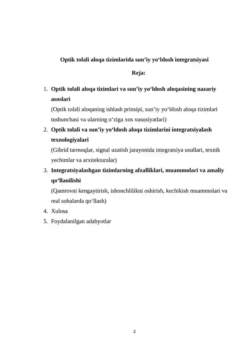 Optik tolali aloqa tizimlari va sun’iy yo‘ldosh integratsiyasi 2