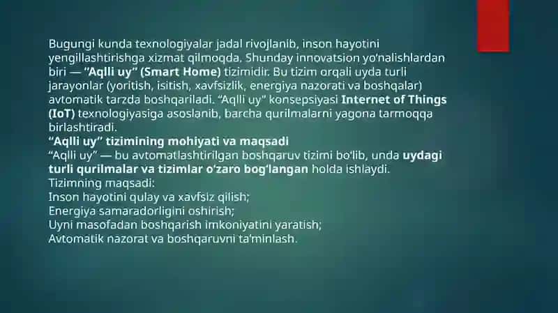“Aqlli uy” avtomatlashgan tizim loyihasini tayyorlash 2