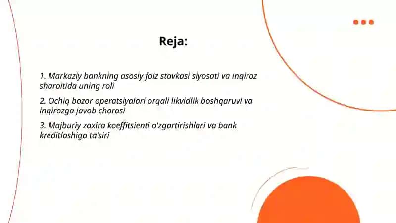 Global moliyaviy-iqtisodiy inqiroz tendensiyalari kuchayayotgan sharoitida davlatning pul-kredit siyosati vpsitalari 2