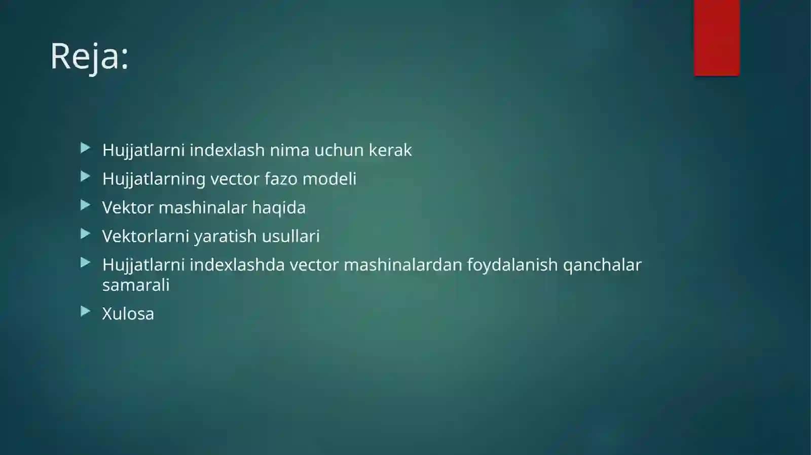 Hujjatlarni indekslashda vektor mashinalardan foydalanish 2