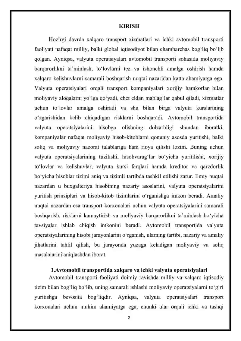 Avtomabil transportida valyuta operatsiyalarning hisobi 2