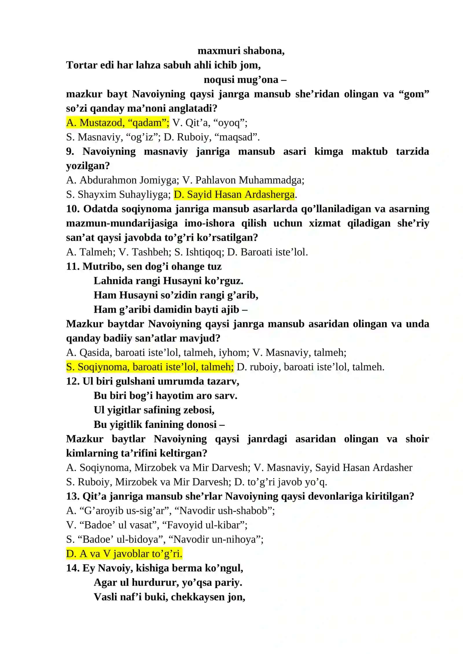 “NAVOIYSHUNOSLIK” FANIDAN TEST-TOPSHIRIQLAR 2