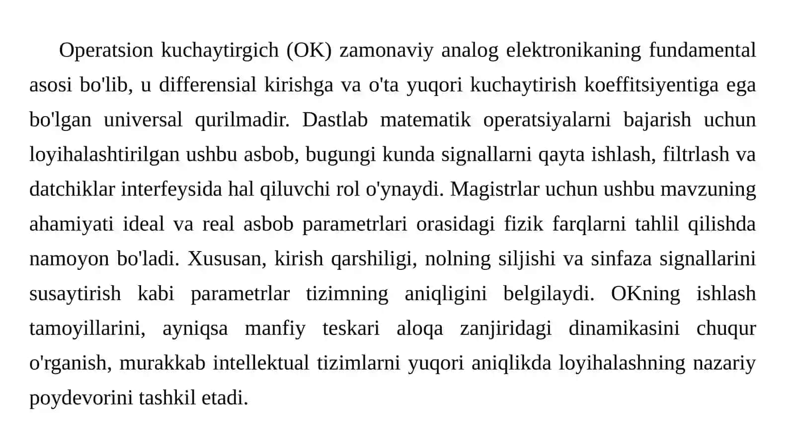 Operatsion kuchaytirgich parametrlarini ishlash tamoyillari. 2